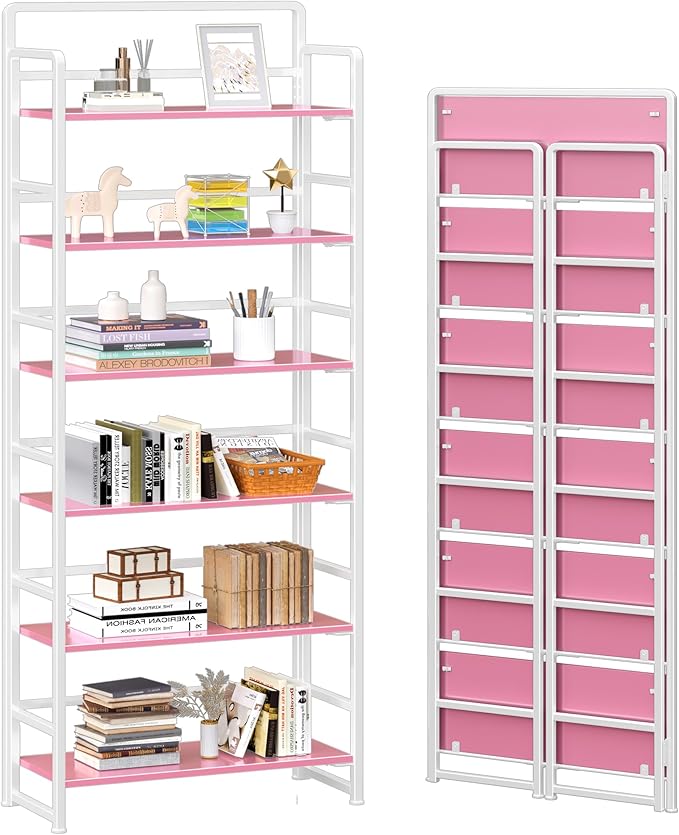 4NM No Assembly 6 Tiers Folding Bookshelf Storage Shelves Vintage Bookcase Standing Racks Study Organizer Home Office (Pink White)