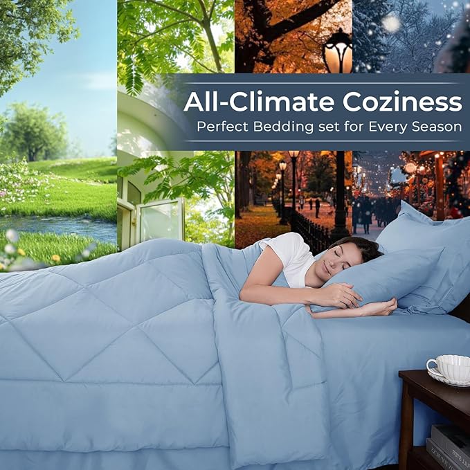 HEVUMYI Light Blue King Comforter Set - 7-Piece All Season Bed in a Bag King, Ultra Soft Bedding Set with Comforter, Flat Sheet, Fitted Sheet, Pillowcases, Pillow Shams