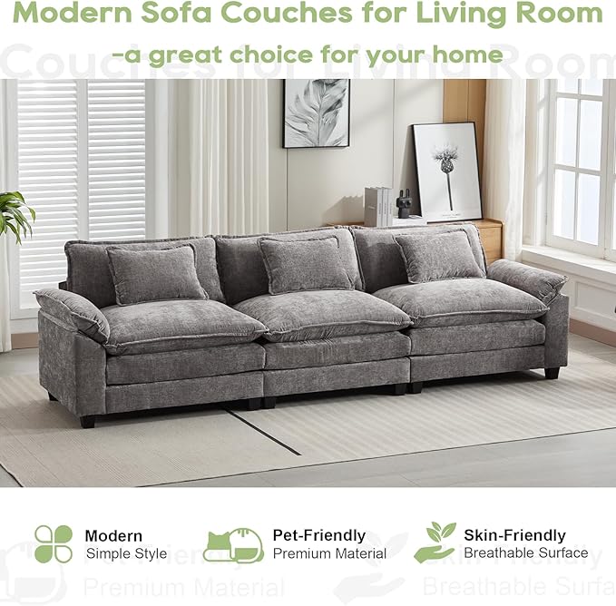 120" Modular Sectional Sofa, Comfy Cloud Couch Sectional Sofa, Chenille Sofa Sleeper Deep Seat Sofa with Throw Pillows for Living Room (Light Gray, 120"- 3 Seater)