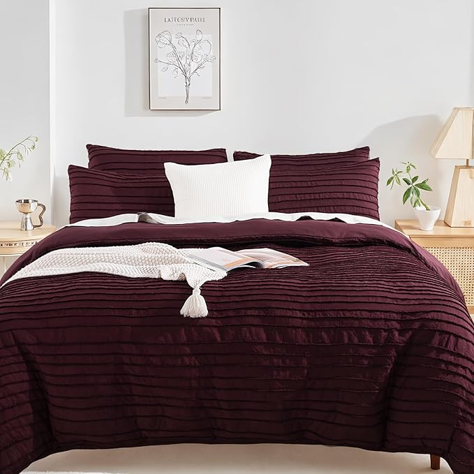 NEXHOME PRO Twin Duvet Cover, Blue 2 Pieces Boho Tufted Twin Size Duvet Cover Set, Soft and Lightweight Microfiber Comforter Cover Set for All Season (Burgundy,66 x 90)-No Comforter