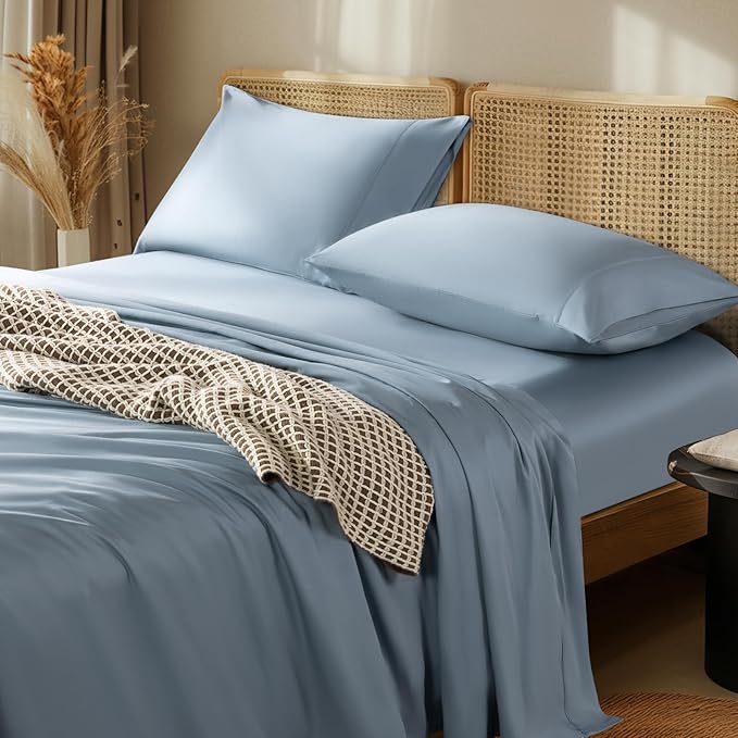 LBRO2M 1000 Thread Count 100% Egyptian Cotton Sheets Set Full Size, 4 Piece Sets Bed Sheet Deep Pocket Sheet Set 16" Soft Comfortable All Season (Full, French Blue) LBRO2MBedding