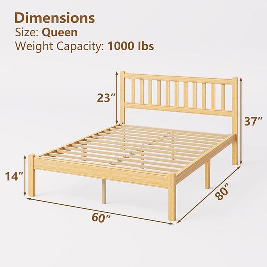 14 in High Solid Bamboo Wood Platform Queen Bed Frame with Headboard, Bed Frame Queen Size, Heavy Duty, No Box Spring Needed, Nosie Free