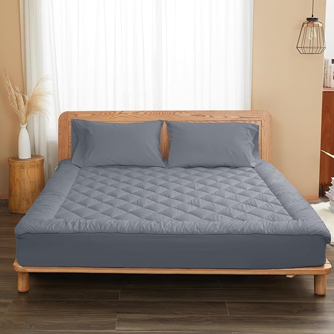 Queen Size Mattress Pad Cotton Top Mattress Cover Quilted Fitted Mattress Protector with 18-22" Deep Pocket Down Alternative Fill Noiseless & Breathable (Queen, Dark Grey)