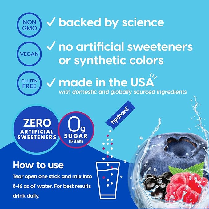 Hydrant Hydrate Zero Sugar, Individual Hydration Electrolyte Powder Stick Packets with Zero Sugar and Electrolytes for Rapid Hydration (Berry Burst, 30 Count)