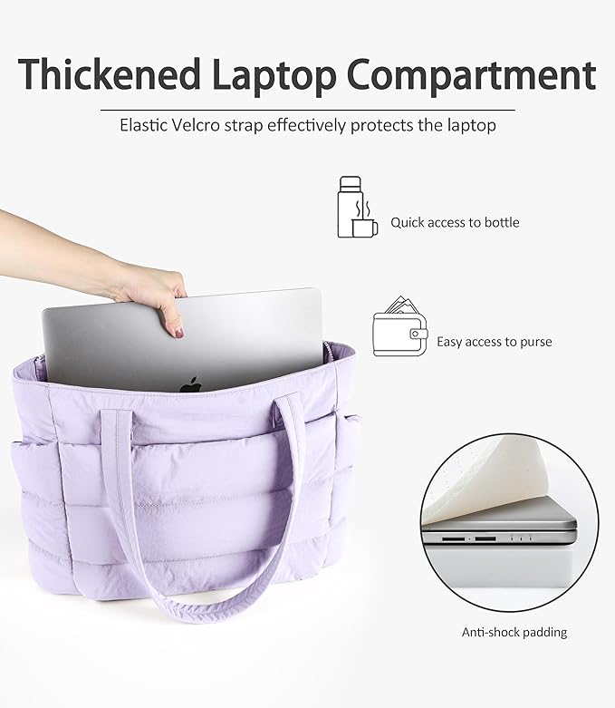 Puffer Tote Bag for Women, Cute Quilted Carryall with Zippered Compartments Shoulder Bag Handbag for Work, Travel, Gym