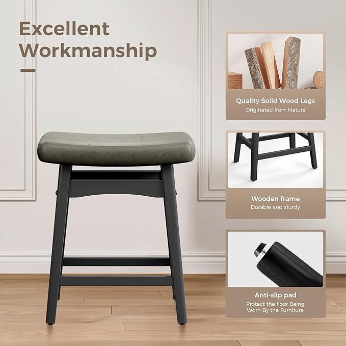 MAISON ARTS Grey Counter Height Bar Stool for Kitchen Counter Solid Wood Legs with Faux Leather Saddle Seat Farmhouse Barstool for 34"-38" Counter Island Upholstered Stool, 24in Height, 1pc