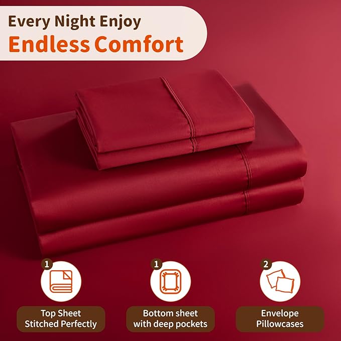 LBRO2M 1000 Thread Count 100% Egyptian Cotton Sheets Set Full Size, 4 Piece Sets Bed Sheet Deep Pocket Sheet Set 16" Soft Comfortable All Season (Full Burgundy)