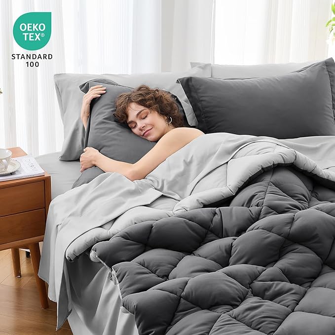 MUXHOMO 7 Pieces King Comforter Set, Reversible Bed in a Bag King Size, All Season Bedding Set with Comforter, Flat Sheet, Fitted Sheet, Pillowcases & Shams, Dark Grey & Light Grey