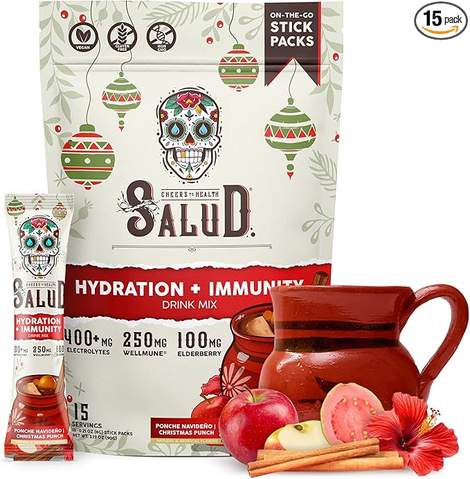 Salud 2-in-1 Hydration Packets + Immunity Electrolytes Powder, Christmas Punch - Ponche Navideno Drink Mix, Elderberry, Dairy & Soy Free, Non-GMO, Gluten Free, Vegan, 1g Sugar (15 Servings)