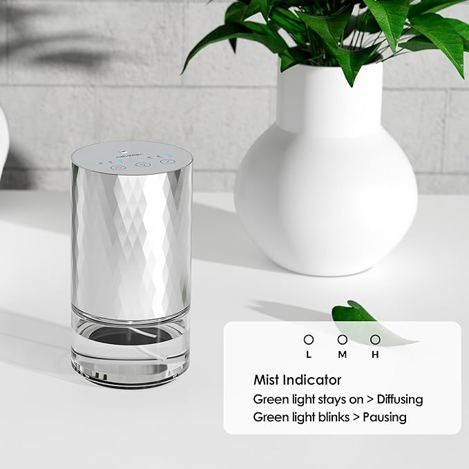 Airversa Essential Oil Diffuser Waterless Aromatherapy Diffusers for Home Large Room, Bedroom, Car, Office, Desk, Battery Operated, Small Diffuser for Pure Scent, 100mL Capacity, AN5 (Silver)