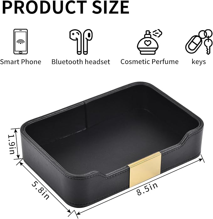 Luxury Leather Valet Tray Desktop Storage Organizer,Bedside Vanity Catchall Tray Nightstand Caddy Holder for Cosmetic,Jewelry,Watch,Keys,Phone,Wallet,Remote Controller,Pen,Black