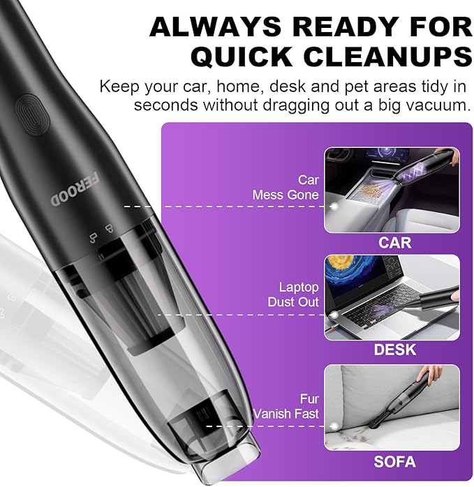 4-in-1 Mini Handheld Vacuum Cordless for Car, Desk & Small Spaces, 6.5kPa Strong Suction, Ultra-Quiet 60dB, 0.85 lb Portable Air Duster/Inflator/Pump, USB-C Rechargeable 2 Washable HEPA Filters