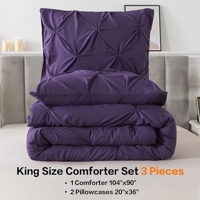 Andency Purple King Size Comforter Set, 3 Pieces Pintuck Lightweight Soft Bedding Comforters & Sets, All Season Microfiber Down Alternative Bed Comforter Set