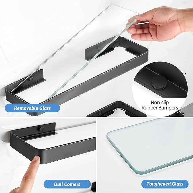 2PCS 15.7 Inch Floating Bathroom Shelves with Towel Bar, Clear Tempered Glass Wall Shelf with Hand Towel Holder for Bathroom Storage Organizer, Matte Black