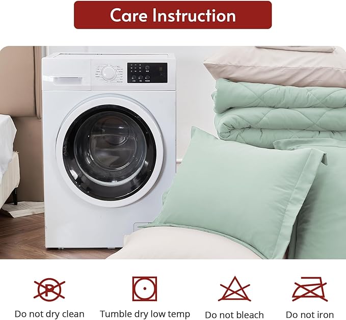 MUXHOMO 7 Pieces Full Comforter Set, Reversible Bed in a Bag Full Size, All Season Bedding Set with Comforter, Flat Sheet, Fitted Sheet, Pillowcases & Shams, Sage Green & Beige