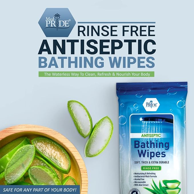 MED PRIDE Hospital Wipes for Bathing, Waterless Rinse Free Bath Wipes for Adults, Microwavable Soft Thick, 12 Packs (96 Count), Aloe Vera