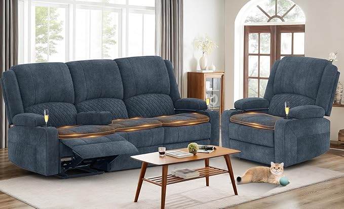 3 Seater Recliner Sofa Set with 2-Tier Cushion, 3+1 Pieces in Living Room, 3 Seater Reclining Couch Leather with Removable Console, 1 Oversize Recliner Chair Sofa Seat