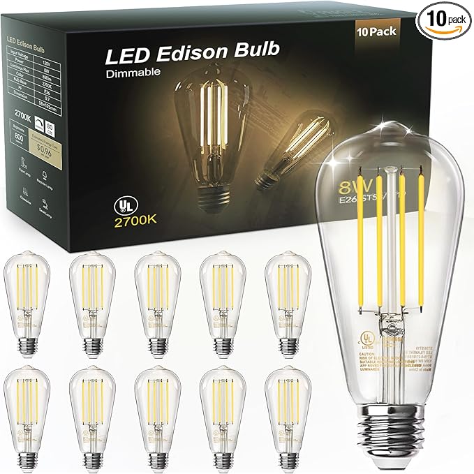 TJOY 10 Pack Vintage 8W ST58 LED Edison Light Bulbs, Dimmable, 60W Equivalent, 800Lumens, 2700K Warm White, E26 Base LED Filament Bulb, CRI80+, Antique Glass Style for Home, Bedroom, Office, Farmhouse