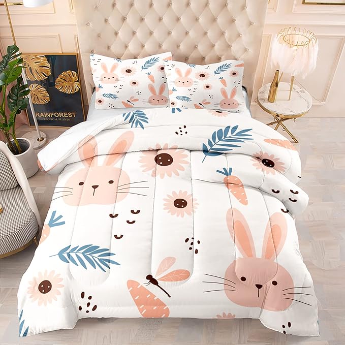 CVHOUSE Kawaii Bedding Twin Size, Cute Rabbit Comforter Set, Girls Room Decor 3 Pieces