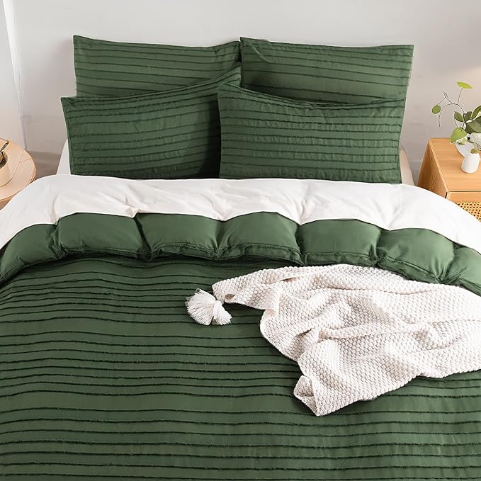 NEXHOME PRO Duvet Cover Full Size, Blue 3 Pieces Boho Tufted Duvet Cover Set, Soft and Lightweight Microfiber Comforter Cover Set for All Season (Forest Green,80 x 90)-No Comforter