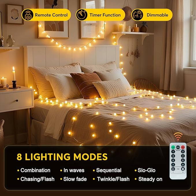 49.2ft Globe String Lights with 16ft Extended Lead & Stable Remote - 100 LED Warm White, 8 Distinct Modes, IP44 Waterproof, UL Certified, Linkable for Indoor Outdoor Wedding Party Decor