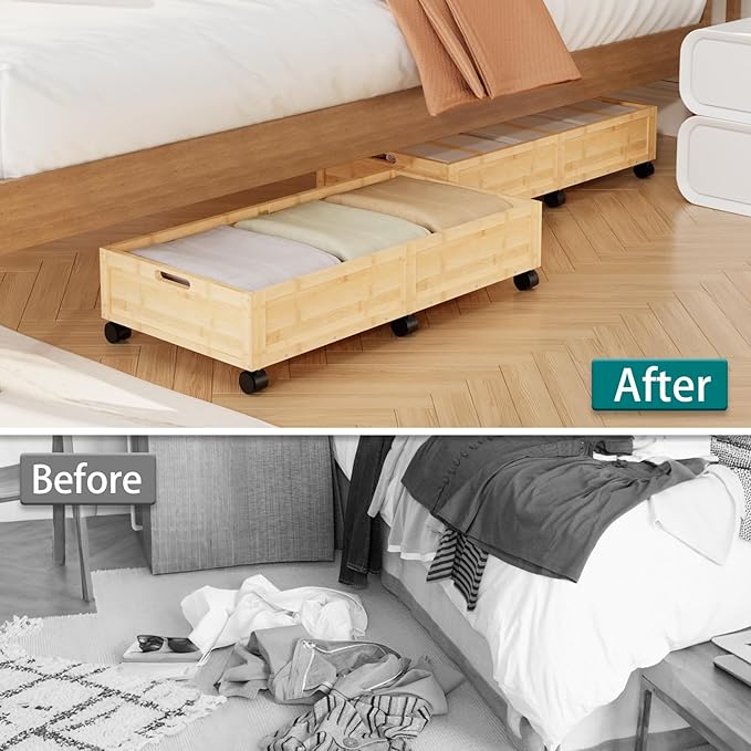 Bamboo Under Bed Storage Containers, Rolling Underbed Organizer with Wheels, Sturdy Under the Bed Shoe Storage Bins, Stackable Underbed Drawers for Bedroom Closet Clothing Toy 2 Packs (Natural, Large)