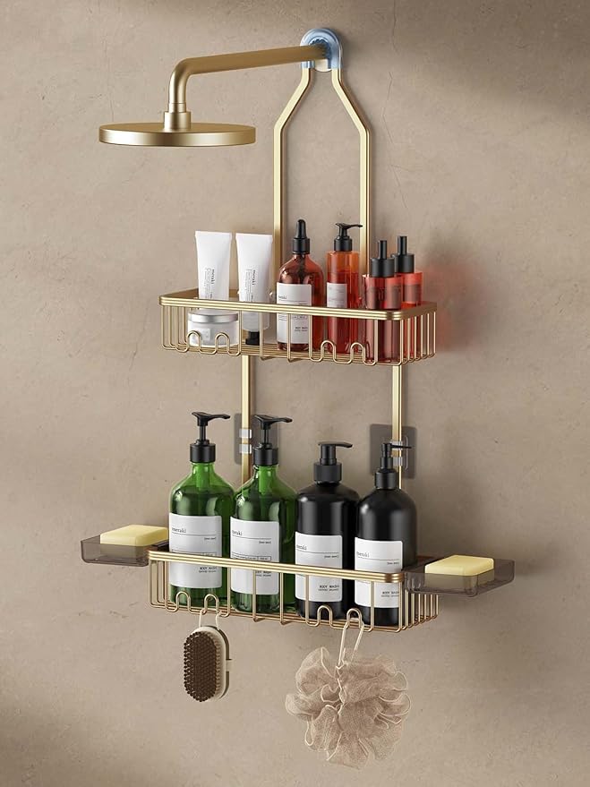 Shower Caddy Hanging, Shower Organizer Hanging, Aluminum Shower Racks for Inside Shower with Hooks for Razor, Never Rust Bathroom Organizers and Storage with Soap Holder, Gold