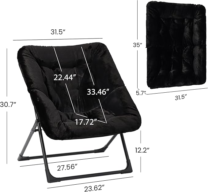 Comfy Saucer Chair for Adults, Soft Faux Fur Bedroom Chair, Accent Dorm Chairs, Flexible Living Room Reading Chairs, Oversized Folding Lounge Seat for Teens, X-Large, Black