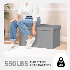 PINPLUS Folding Storage Ottoman Bench, Sherpa Ottoman with Storage, Large Long Shoes Bench Chest with Lid, Footrest for Living Room, Entryway, Grey 30'' x 15'' x 15''