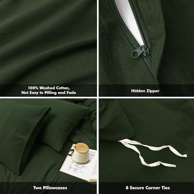 FOSSA Duvet Cover Set 100% Washed Cotton Linen Feel Super Soft Breathable Cozy 3 Pieces Bedding Sets Solid Forest Green Oversized King