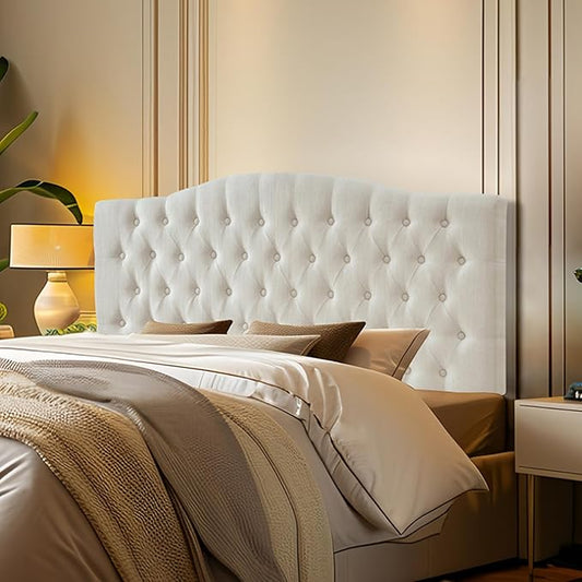 Linen Upholstered Headboard Queen/Full Size Bed Tufted Button Headboard, Featuring High-Density Sponge Padding, Luxury Texture Easy Assembly Comfort and Style-Ivory