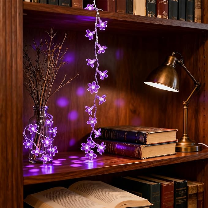 Cute Flower String Lights, USB & Battery Lighted Decorative Fairy Cherry Blossom Indoor Bedroom Tree Branches Hanging, Novelty Floral Lamp for Christmas Easter Wedding Party Birthday Decor (Purple)