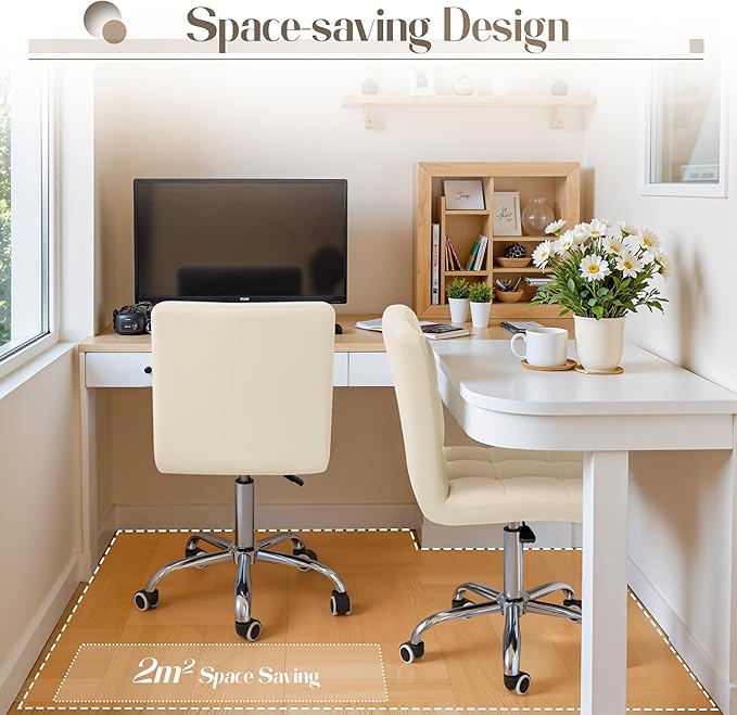 Furmax Mid-Back Office Task Chair Ribbed PU Leather Executive Chair Modern Adjustable Home Desk Retro Comfortable Work Chair 360 Degree Swivel with Arms (Beige)