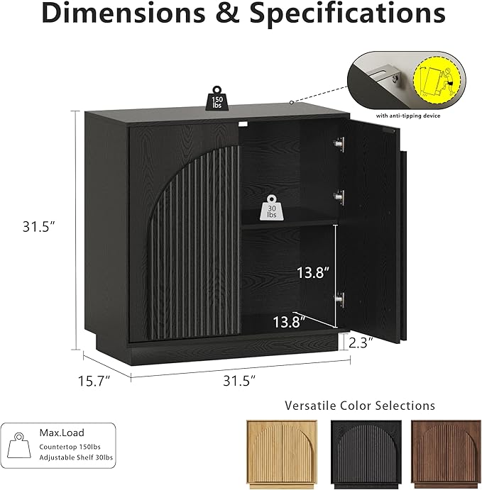 win2win Fluted Sideboard Buffet Cabinet with Storage, 31.5" Modern Accent Cabinet with Double-Layered Arch Doors, Small Wood Console Credenza for Living Room, Dining Room, Entryway, Black, 2PCS