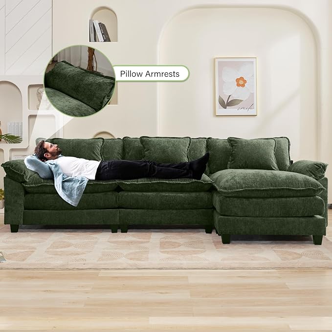 120" Modular Sectional Sofa, Comfy Cloud Couch Sectional Sofa with Ottoman, Chenille Sofa Sleeper Deep Seat Sofa with Throw Pillows for Living Room (Green, 120"- L Shape)
