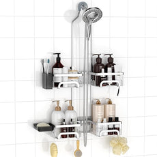 REINHARDT Adjustable Shower Caddy Hanging Split Shower Caddy for Handheld Showerheads, Rustproof Shower Organizer with Hooks for Razor Over the Head Caddy with Soap Holder Bathroom Accessories, Silver
