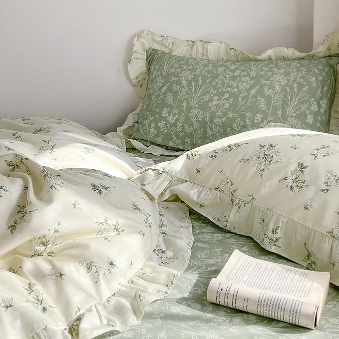 MKXI Queen Size Beige & Green Floral Comforter Set - 3 Piece Ruffled Lace Bedding Set with Reversible Design, Soft Aesthetic Cottagecore Style Green Leaf Comforter for Girls, Women, and Teens