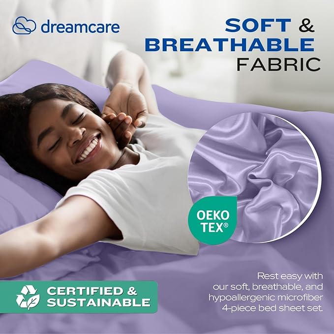 DREAMCARE Full Size Sheets Set - 4 Pcs Cooling Bed Sheets with Up to 15" Deep Pockets - Soft, Long-Lasting 100% Brushed Polyester with Side Pocket (Lavender) DREAMCARE