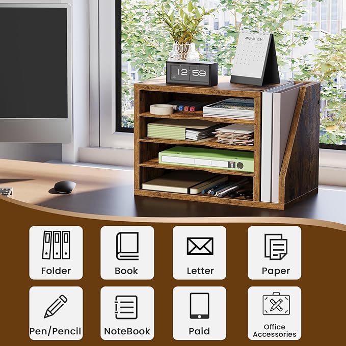 File Organizer Desktop, Wood Desk Organizer with 3 Adjustable Shelves, Mail Paper Sorter for Office, Home, File Holders for Envelopes, Mail Supplies or Magazines, Rustic Brown