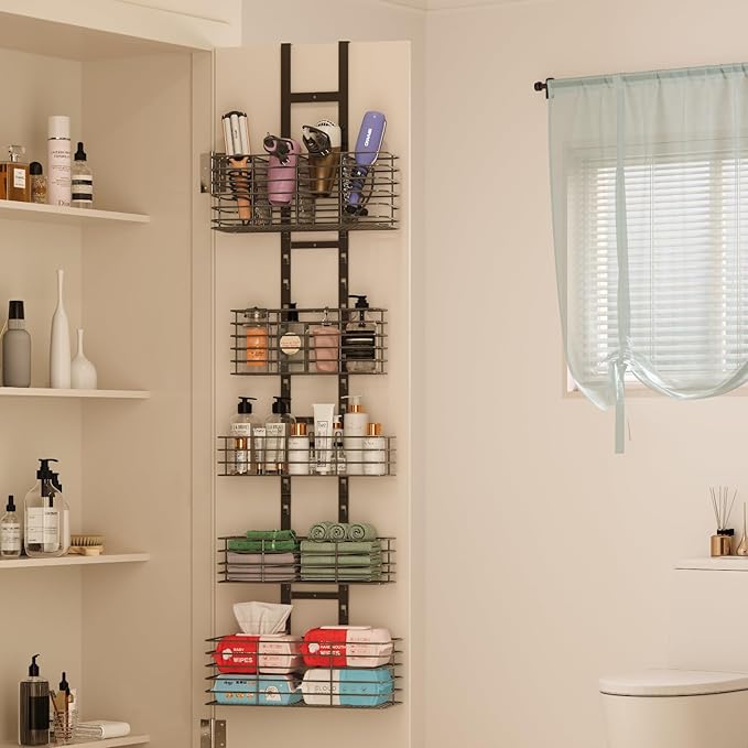 5-Tier Over The Door Organizer Bathroom - Hair Dryer Holder - Hair Tool Organizer Adjustable Height, DIY Bathroom Storage Shelf Wall Mounted for Flat/Curling Irons, Straighteners, Skincare