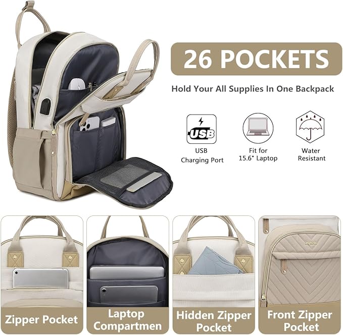 Backpack for Women Laptop Bag: Work Travel Backpacks Fits 17 inch Computer Waterproof College Bookbag with USB Charger Anti-theft Business Casual Backpack Purse for Nurse Teacher Beige Khaki
