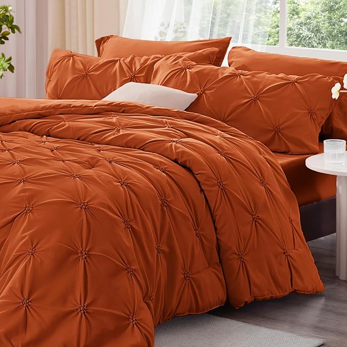 BEDELITE Burnt Orange Queen Comforter Set - 3 Pieces Boho Pintuck Bedding Comforter Sets, Lightweight Soft & Warm Bed Comforter Queen with 2 Pillowcases for All Season
