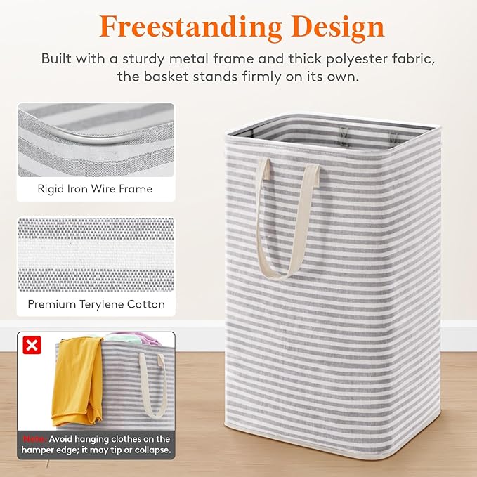 Lifewit 2 Pack Double Freestanding Clothes Hamper with Carry Handles, Large Tall Laundry Basket for Organization for Adults in Laundry Room Dorm Bedroom, Gray, 2 x 76L