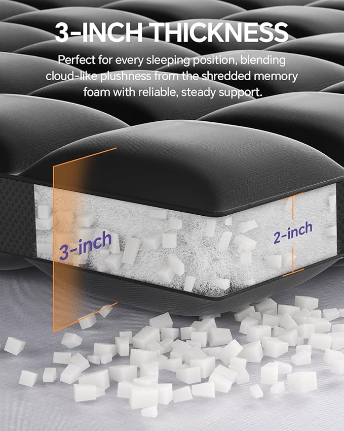 Dual Layer 5 Inch Memory Foam Mattress Topper Full - 3 Inch Pillow Top Mattress Pad and 2 Inch Gel Memory Foam, 7-Zone Egg Crate Full Size Mattress Topper (Black)