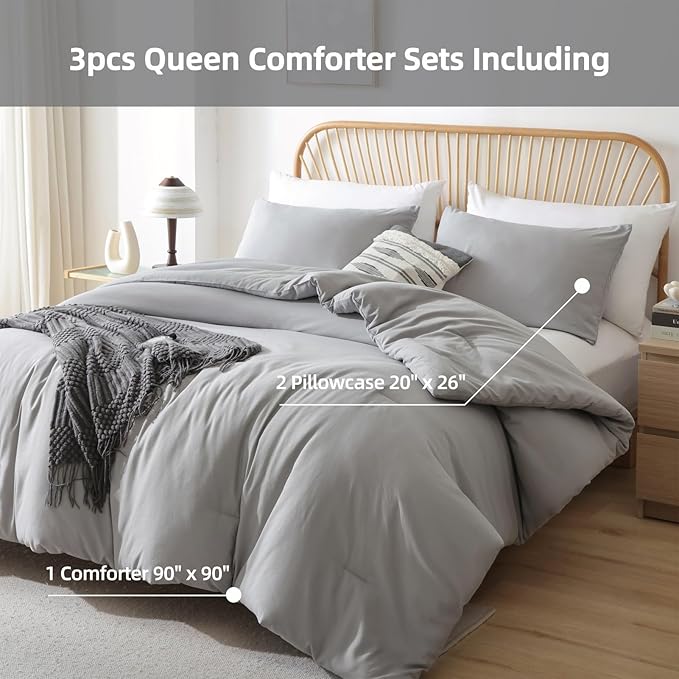 ROSGONIA Queen Comforter Set Grey, 3pcs Bedding Comforter Sets (1 Gray Comforter & 2 Pillowcases) All Season Soft Lightweight Bedspread Blanket Quilt