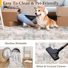 9x12 Area Rug Beige Blue Abstract Living Room Bedroom Washable Carpet Neutral Modern Non Slip Soft Low Pile Large Throw Rug for Dining Room Kitchen Office