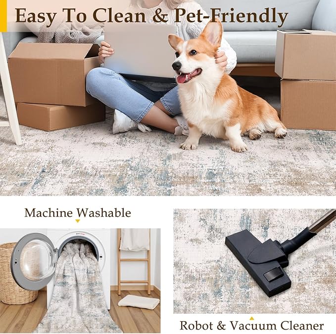 9x12 Area Rug Beige Blue Abstract Living Room Bedroom Washable Carpet Neutral Modern Non Slip Soft Low Pile Large Throw Rug for Dining Room Kitchen Office