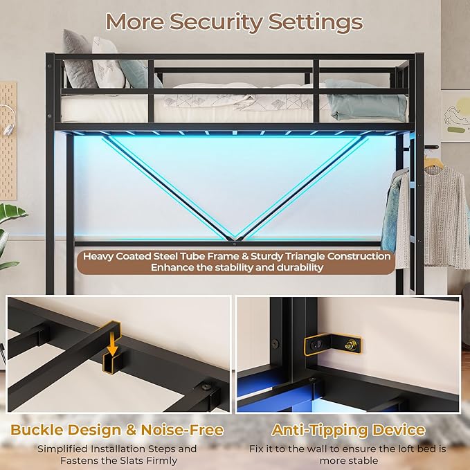 DICTAC Loft Bed Twin Size with Ladder and Guardrail,Metal Twin Loft Bed with Led Lights,Small Space Saving Furniture Design for Bedroom,Kid Room and Dorm,No Box Spring Needed, Black