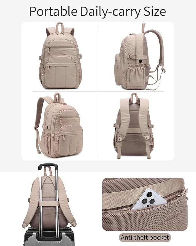 Backpack for Women, Quilted Laptop Bookbag with Pouch Pockets for College Work Travel Gym Teacher Nurses, Puffer High School Backpack for Girls, Camel
