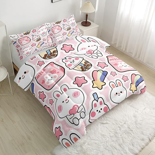 Fiico Kawaii Rabbit Bedding Set, Twin/Full/Queen Size, 3 Pieces, U1 Color, Microfiber, Cartoon Pattern, Kids Room Decor